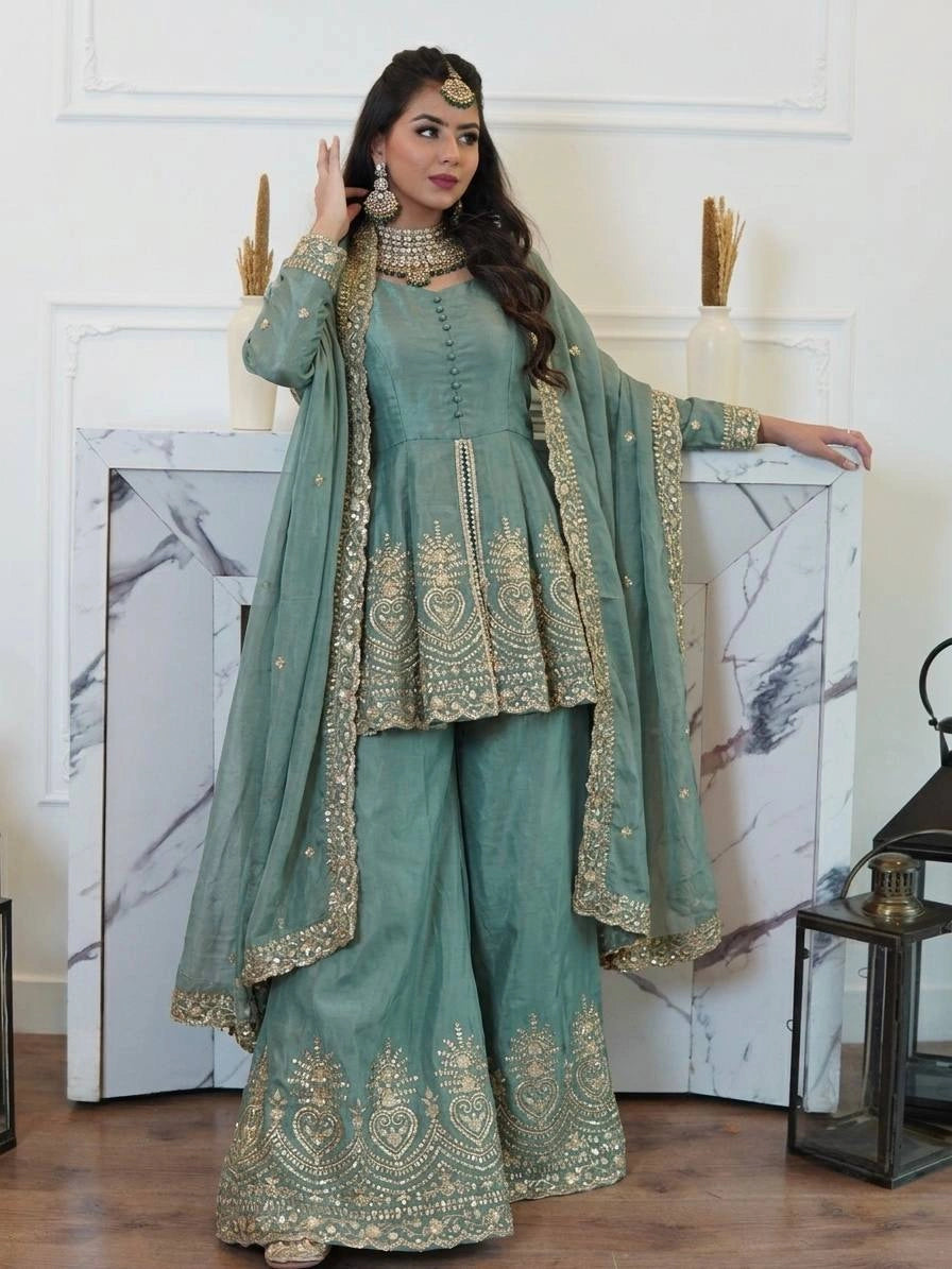Sage Green Mirror Work Palazzo Suit model shot 10 – Kalyanja KU304